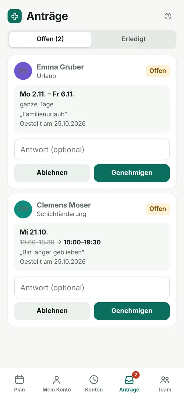 Dienstbit am Handy: offene Anträge – Urlaub und Schichtänderung – mit den Knöpfen Genehmigen und Ablehnen
