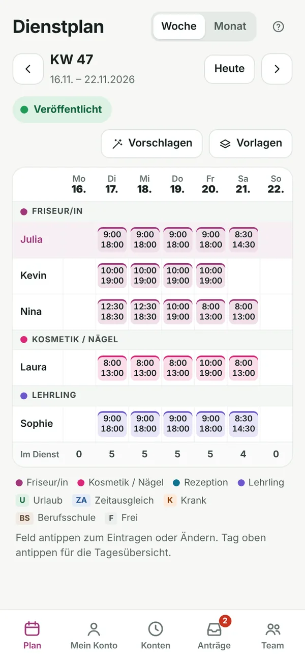 Dienstbit am Handy: Wochenplan eines Friseursalons mit Friseurinnen, Kosmetik und Lehrling, Montag geschlossen